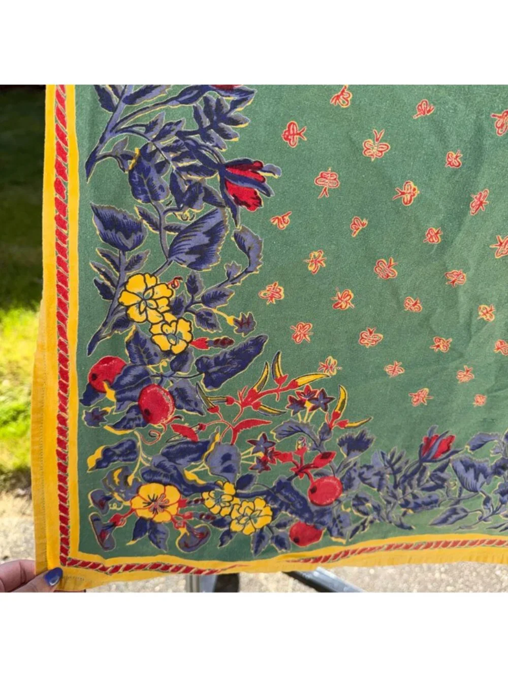 Vintage 90s Williams Sonoma Tablecloth Green Floral Fruit Provencal French
